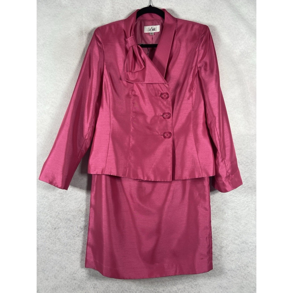 Le Suit 2PC Skirt Suit Women's 10 Pink Blazer Buttons Double Breasted Shiny Bow